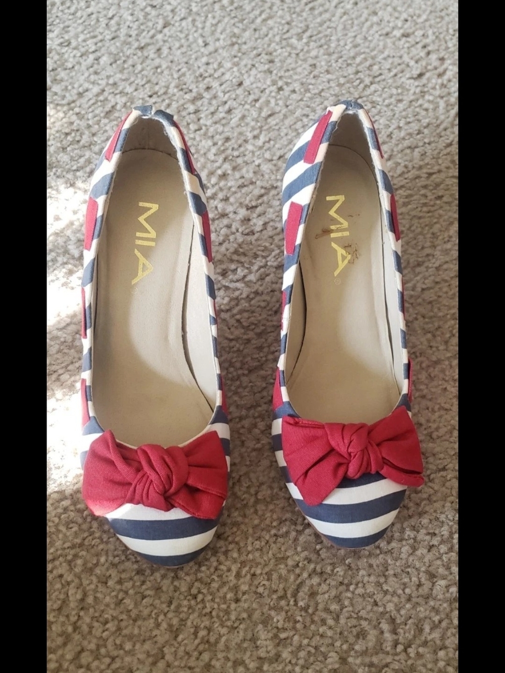 MIA Navy & White Striped Flats with Red Bow